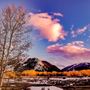 Scenic view of snowcapped mountains against sky during sunset