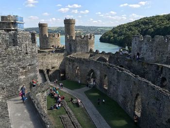 High angle view of people at historical building