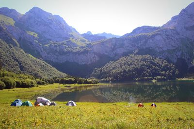 View of camp and lake in the wild