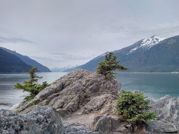 Scenic view of lake and mountains against sky