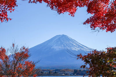 Scenic view of snowcapped mountains against clear blue sky