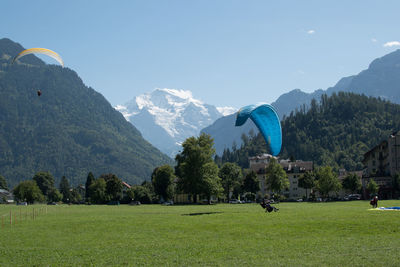 View of trees on field against mountain