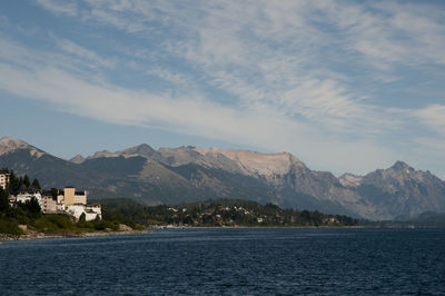 Scenic view of sea by buildings against sky