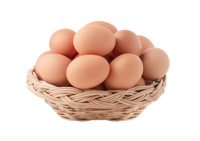 Close-up of eggs against white background