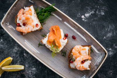 High angle view of sushi in plate on table