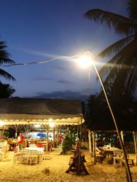 Illuminated street lights by palm trees against sky at night