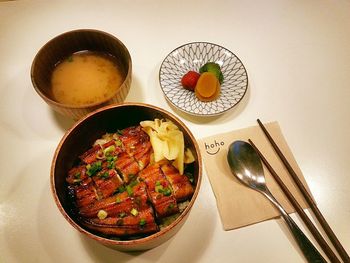 High angle view of food in plate on table