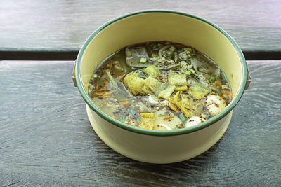 High angle view of soup in bowl on table