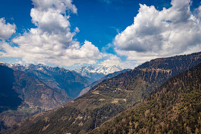 Himalaya mountain valley with bright blue sky at day from hilltop