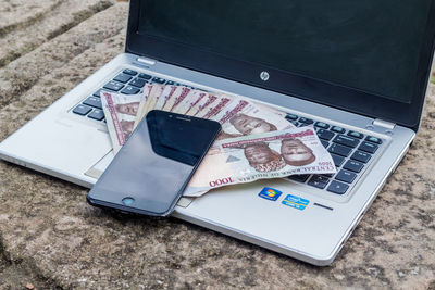 High angle view of laptop on table