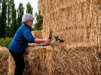 Woman using laptop on hay bales at field