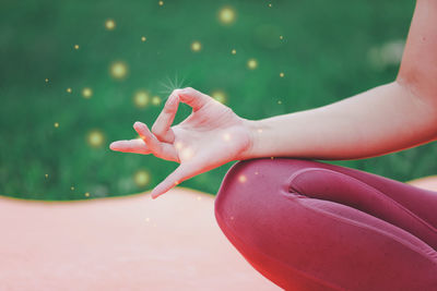 Close-up of woman hand on red leaf