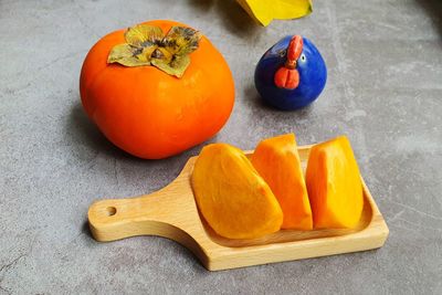 High angle view of pumpkins on table