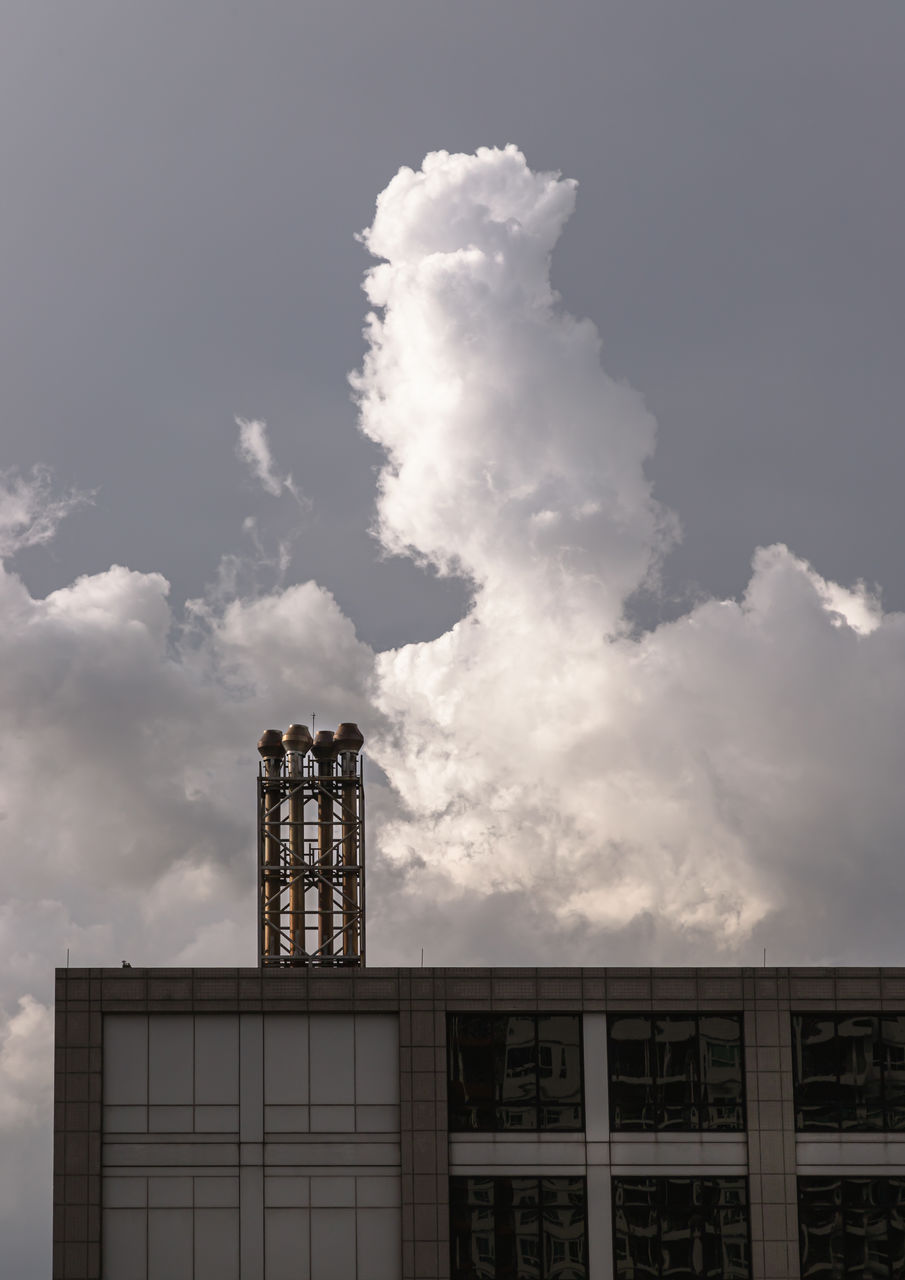 sky, cloud, architecture, built structure, building exterior, nature, building, skyscraper, no people, outdoors, city, industry, day, tower block, white, black and white