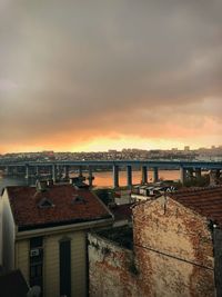 High angle view of buildings against sky at sunset