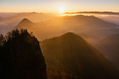 Scenic view of mountains against sky during sunset