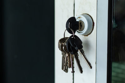 Close-up of keys in door lock