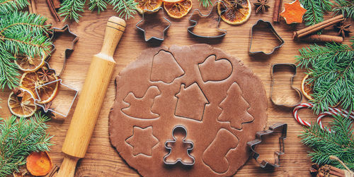 High angle view of gingerbread cookies on table