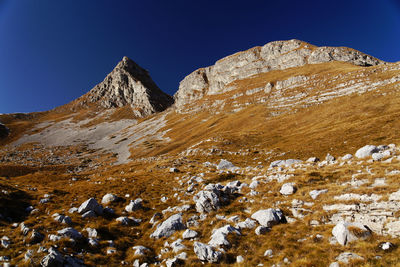 Scenic view of snowcapped mountains against clear sky