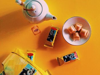 High angle view of drink on table