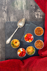 High angle view of breakfast on table