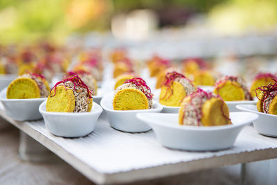 Close-up of finger food in plate on table. gourmet buffet.