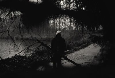 Rear view of silhouette man walking in forest