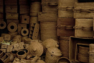 Wicker baskets and containers in warehouse