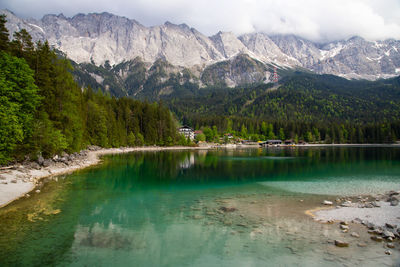 Scenic view of lake and mountains against sky