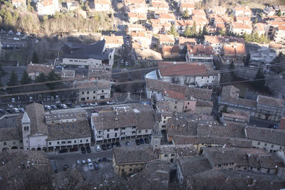 High angle view of old buildings in city