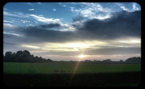 Scenic view of grassy field against sky at sunset