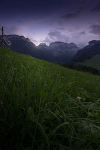 Scenic view of land and mountains against sky