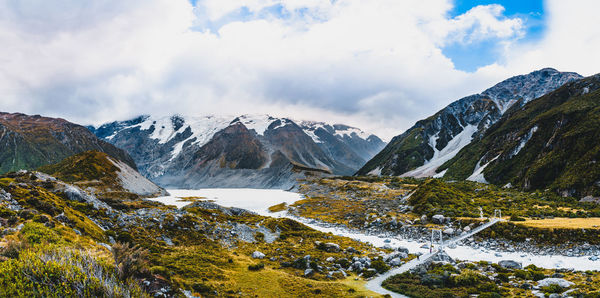 Scenic view of snowcapped mountains against sky