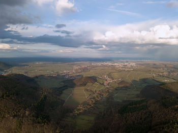 Aerial view of agricultural field against sky