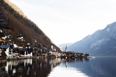 Scenic view of lake by buildings against sky