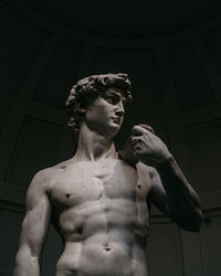 Low angle view of shirtless man standing against statue