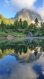 Scenic view of lake and mountains against sky