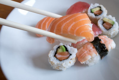 Close-up of sushi served in plate