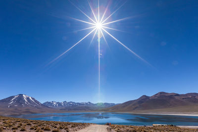 Scenic view of snowcapped mountains against blue sky on sunny day