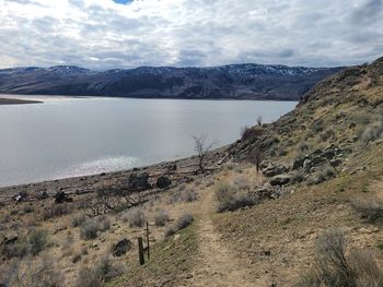 Scenic view of land and mountains against sky