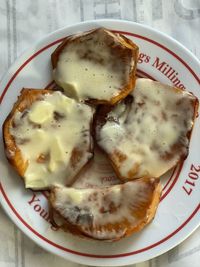 High angle view of breakfast in plate on table