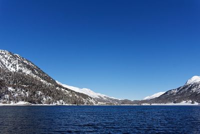 Scenic view of sea and snowcapped mountains against clear blue sky