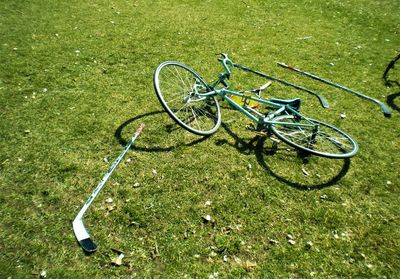 High angle view of bicycle on field