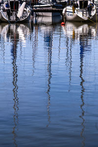 High angle view of boats moored in lake