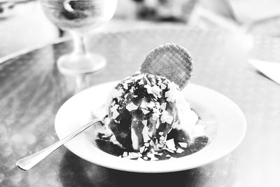 Close-up of dessert in plate on table