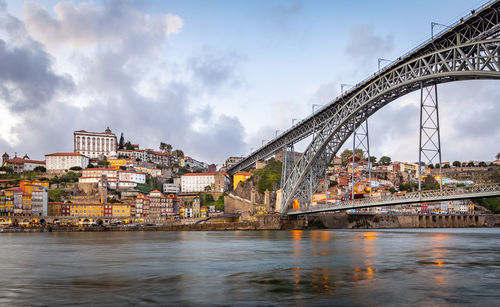 Bridge over river with buildings in background