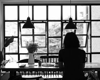 Rear view of woman looking through window