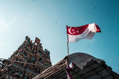 Low angle view of flags against sky