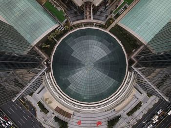 Directly below shot of modern buildings in city