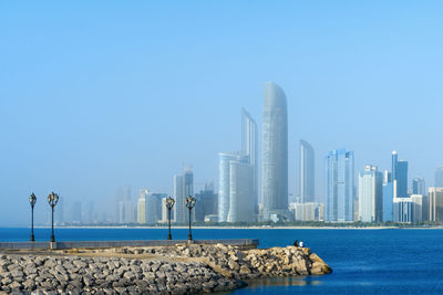 Panoramic view of sea against clear blue sky